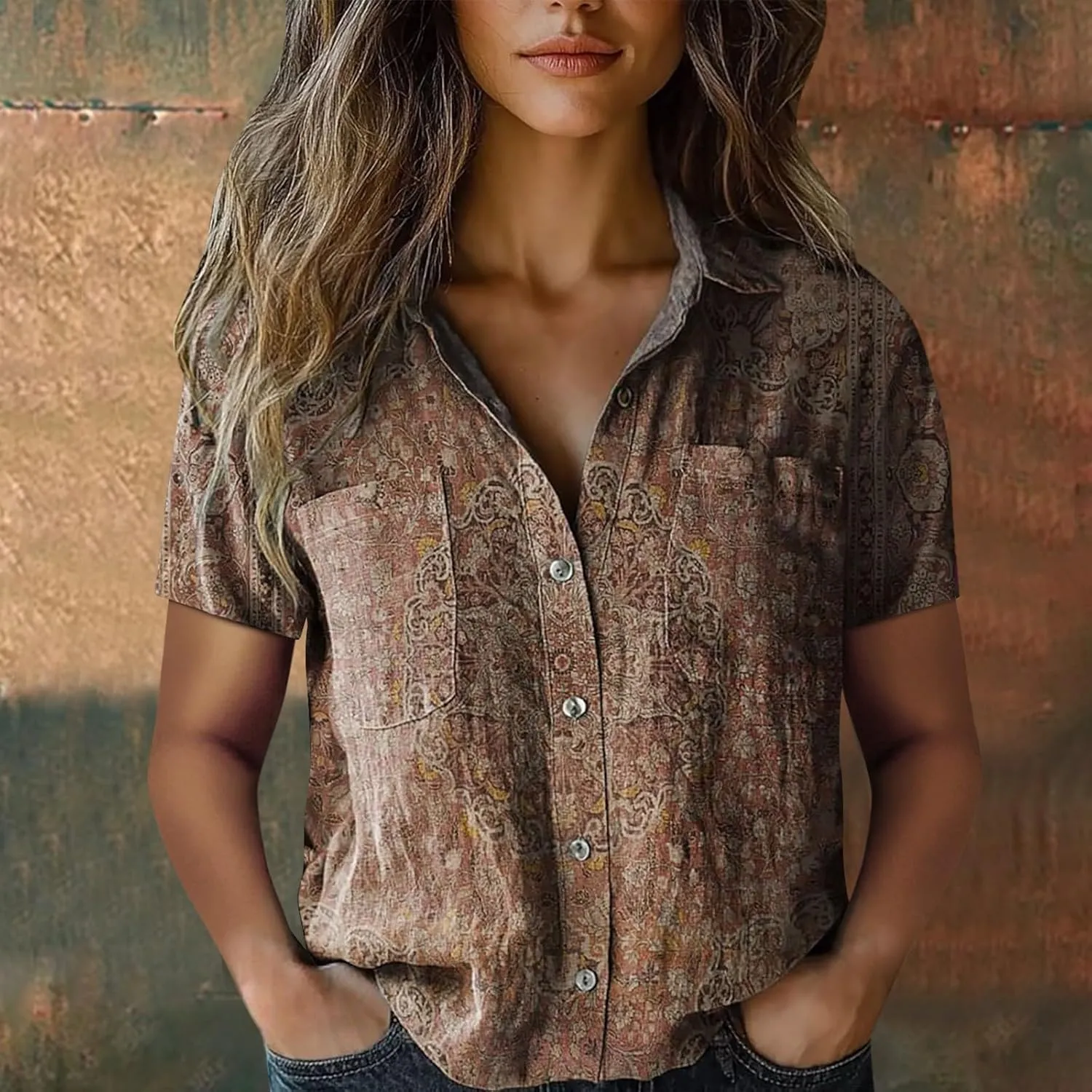 Linen Boho Tops for Women Boho Tops for Women Hippie Summer Short Sleeve Button Up Blouses Short Sleeve Shirts