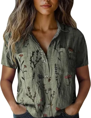 Linen Boho Tops for Women Boho Tops for Women Hippie Summer Short Sleeve Button Up Blouses Short Sleeve Shirts