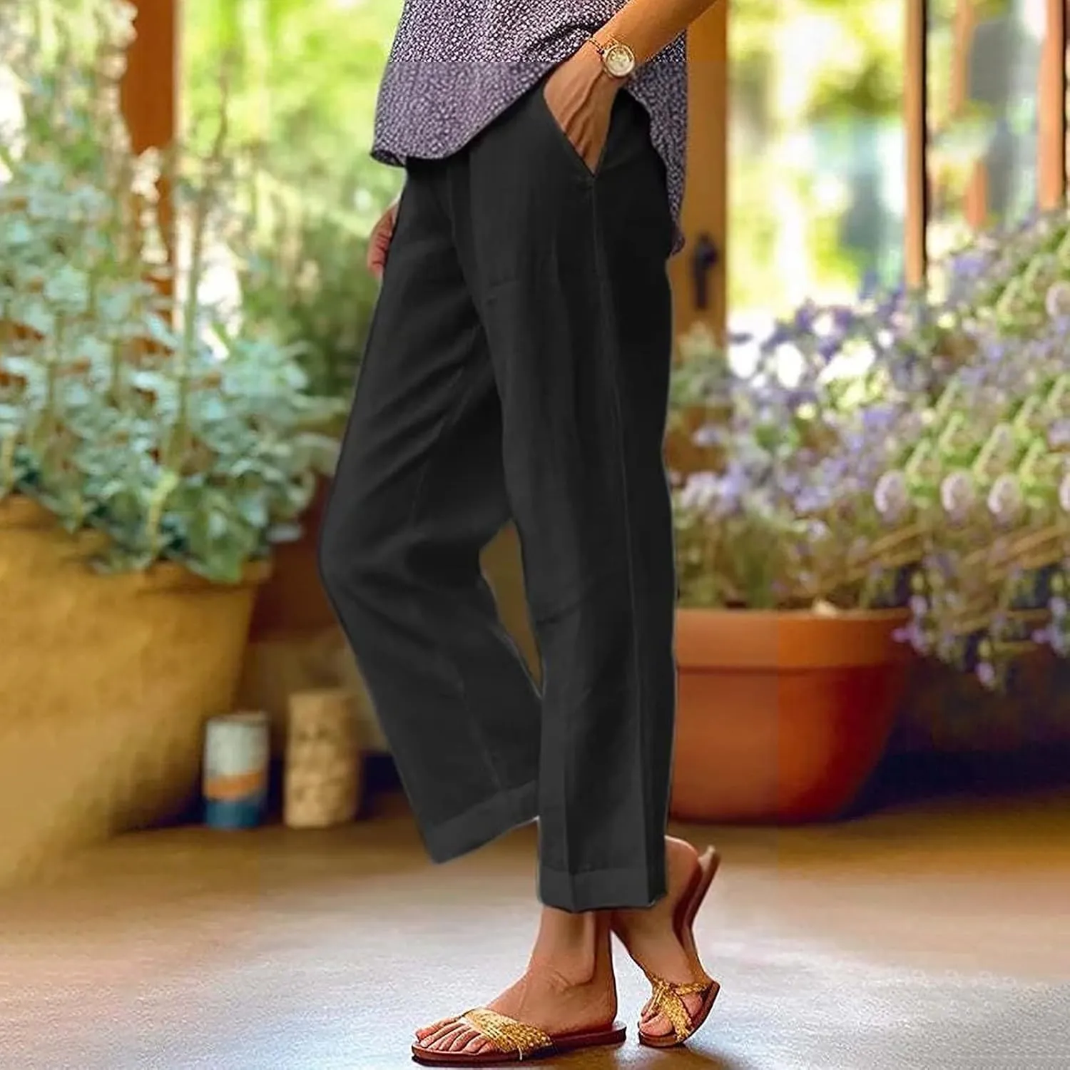 Linen Pants Women Capri Pant High Waisted Wide Leg Lounge Pant Comfy Soft Trousers Casual Resort Wear