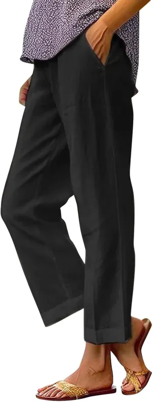 Linen Pants Women Capri Pant High Waisted Wide Leg Lounge Pant Comfy Soft Trousers Casual Resort Wear