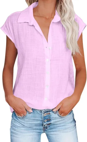 Linen Shirts for Women Summer 2025 Button Down Lapel Cap Sleeve Shirt Tops Casual Beach Trendy Cotton Gauze Clothing