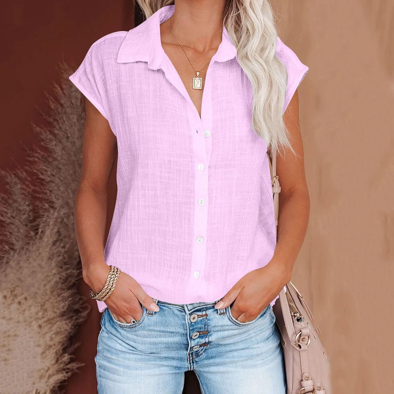 Linen Shirts for Women Summer 2025 Button Down Lapel Cap Sleeve Shirt Tops Casual Beach Trendy Cotton Gauze Clothing