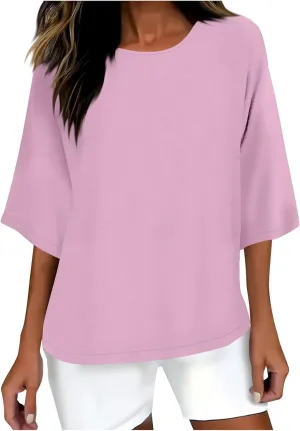 Linen Shirts for Women Summer Crewneck Button Down 3/4 Sleeve Gauze Blouse Tops Vintage Travel Trendy Tees Shirt 2025