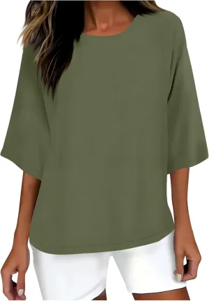 Linen Shirts for Women Summer Crewneck Button Down 3/4 Sleeve Gauze Blouse Tops Vintage Travel Trendy Tees Shirt 2025