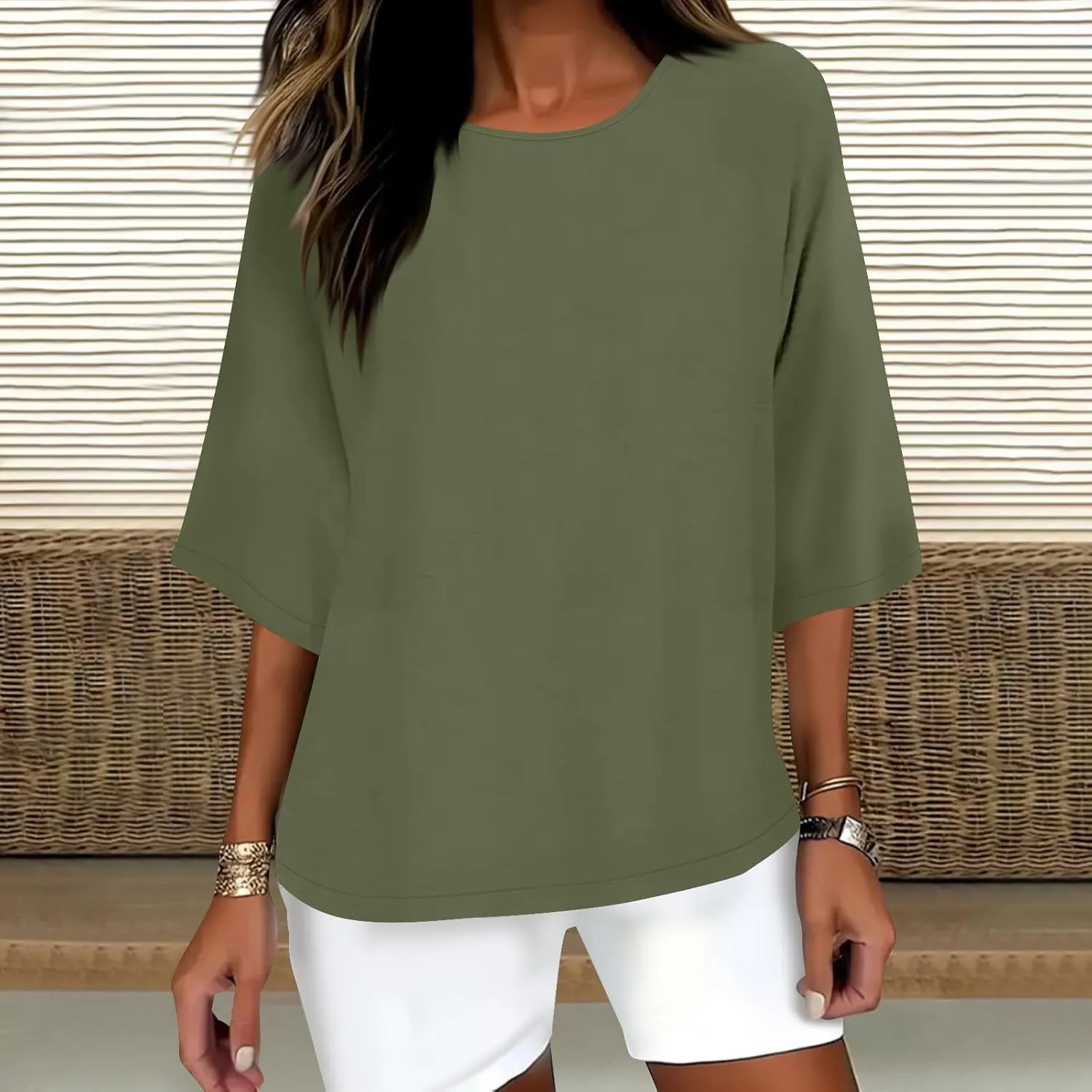 Linen Shirts for Women Summer Crewneck Button Down 3/4 Sleeve Gauze Blouse Tops Vintage Travel Trendy Tees Shirt 2025