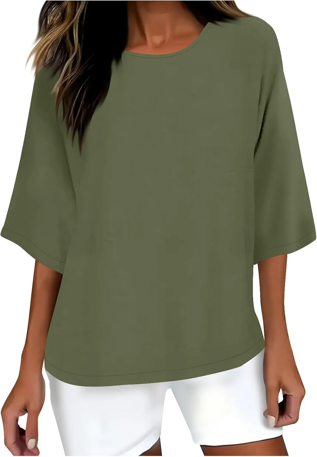 Linen Shirts for Women Summer Crewneck Button Down 3/4 Sleeve Gauze Blouse Tops Vintage Travel Trendy Tees Shirt 2025
