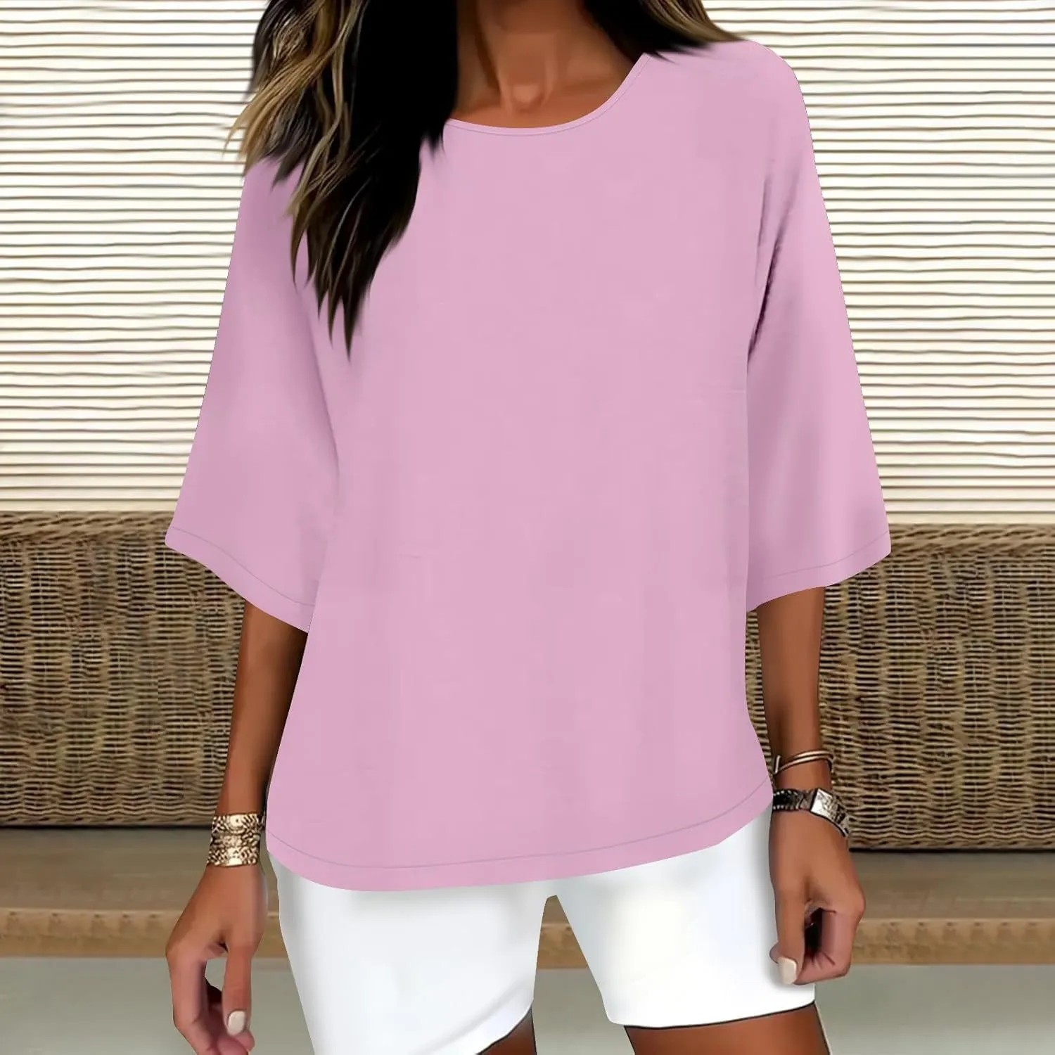 Linen Shirts for Women Summer Crewneck Button Down 3/4 Sleeve Gauze Blouse Tops Vintage Travel Trendy Tees Shirt 2025