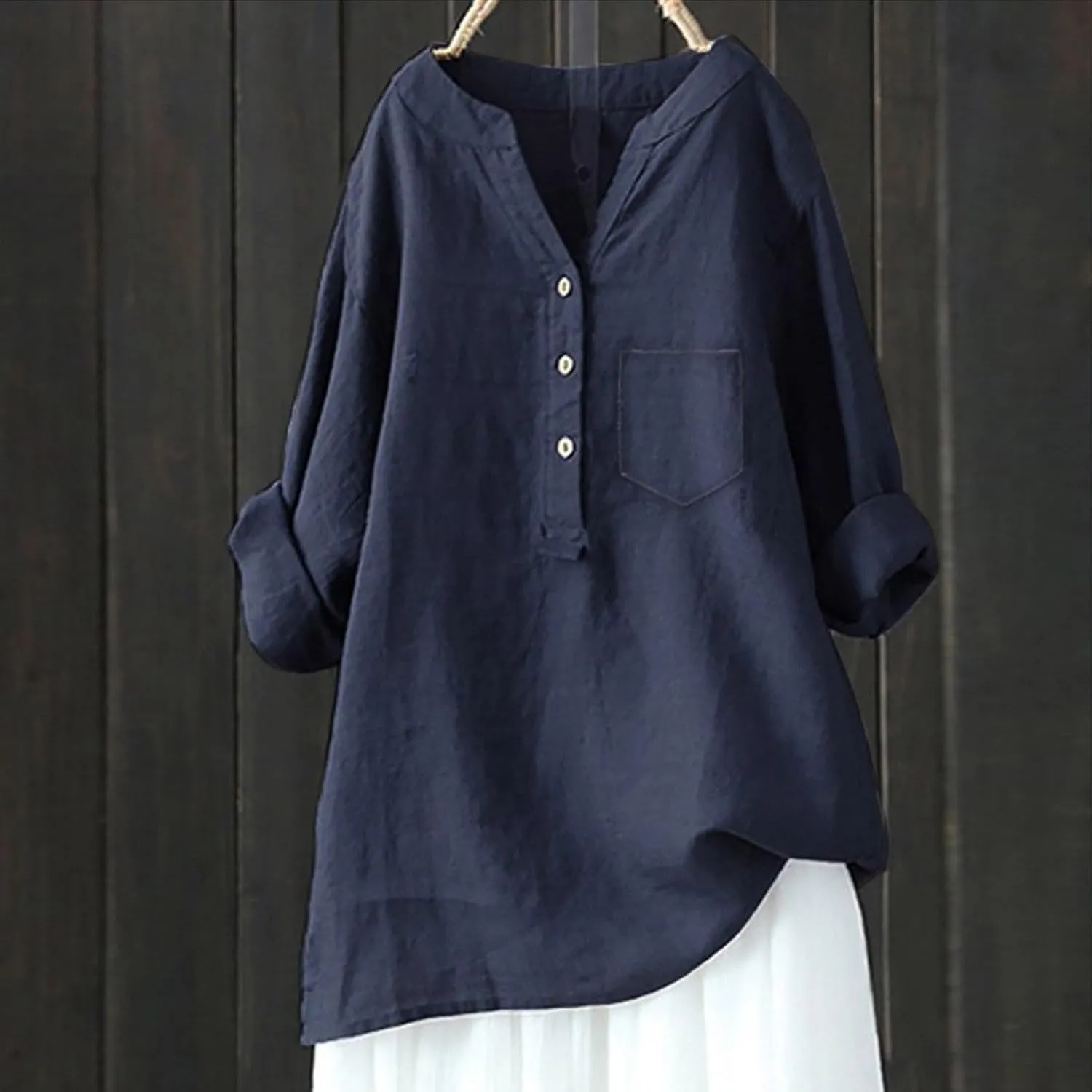 Linen Shirts for Women Summer Linen Button Long Sleeve T-Shirts Casual Loose Fit Fashion V Neck Blouses