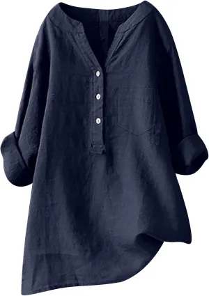 Linen Shirts for Women Summer Linen Button Long Sleeve T-Shirts Casual Loose Fit Fashion V Neck Blouses