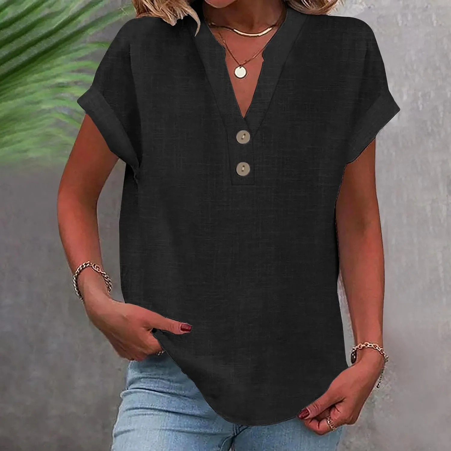 Linen Shirts for Women Summer Short Sleeve Linen Tops V Neck Button Down Shirts Plus Size Tops Dressy Shirt Blouses
