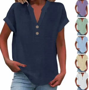 Linen Shirts for Women Summer Short Sleeve Linen Tops V Neck Button Down Shirts Plus Size Tops Dressy Shirt Blouses