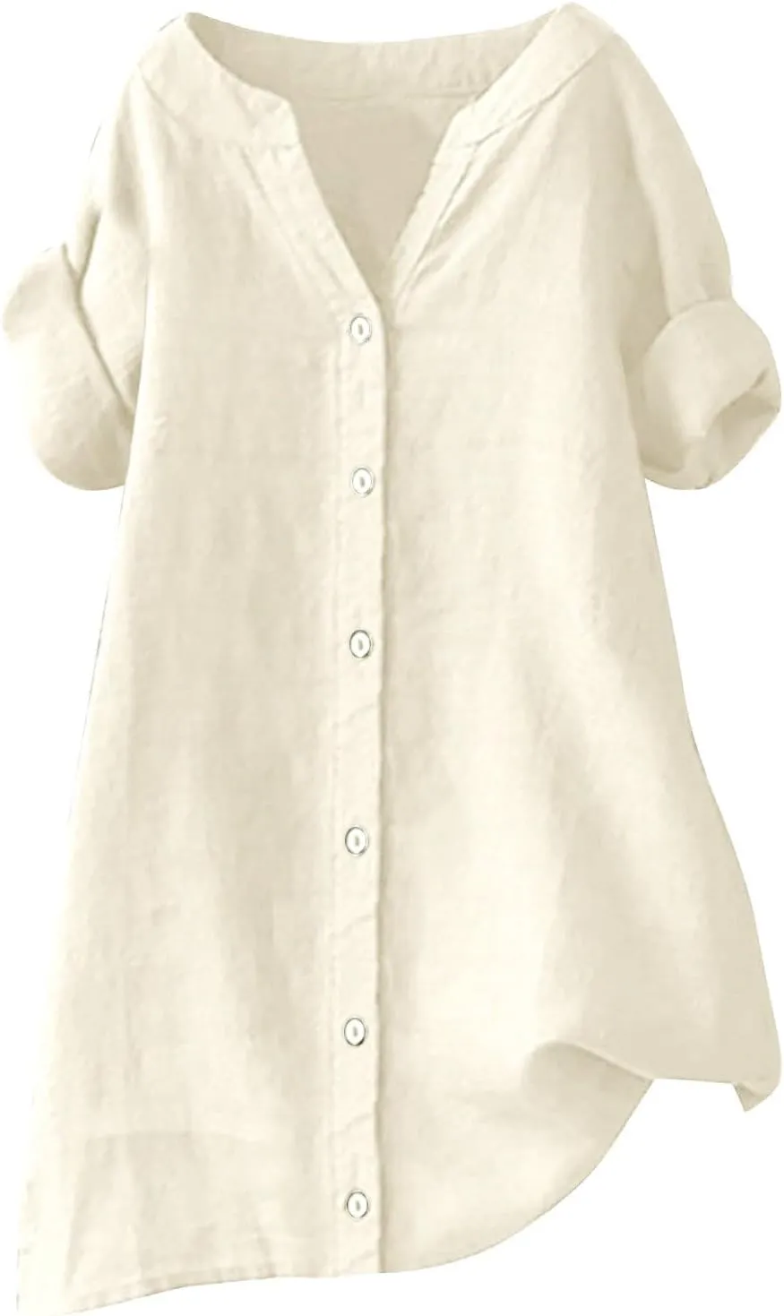 Linen Shirts for Women V-Neck Button Blouse Lapel Beach Tee Tops Long Sleeve Loose T-Shirt