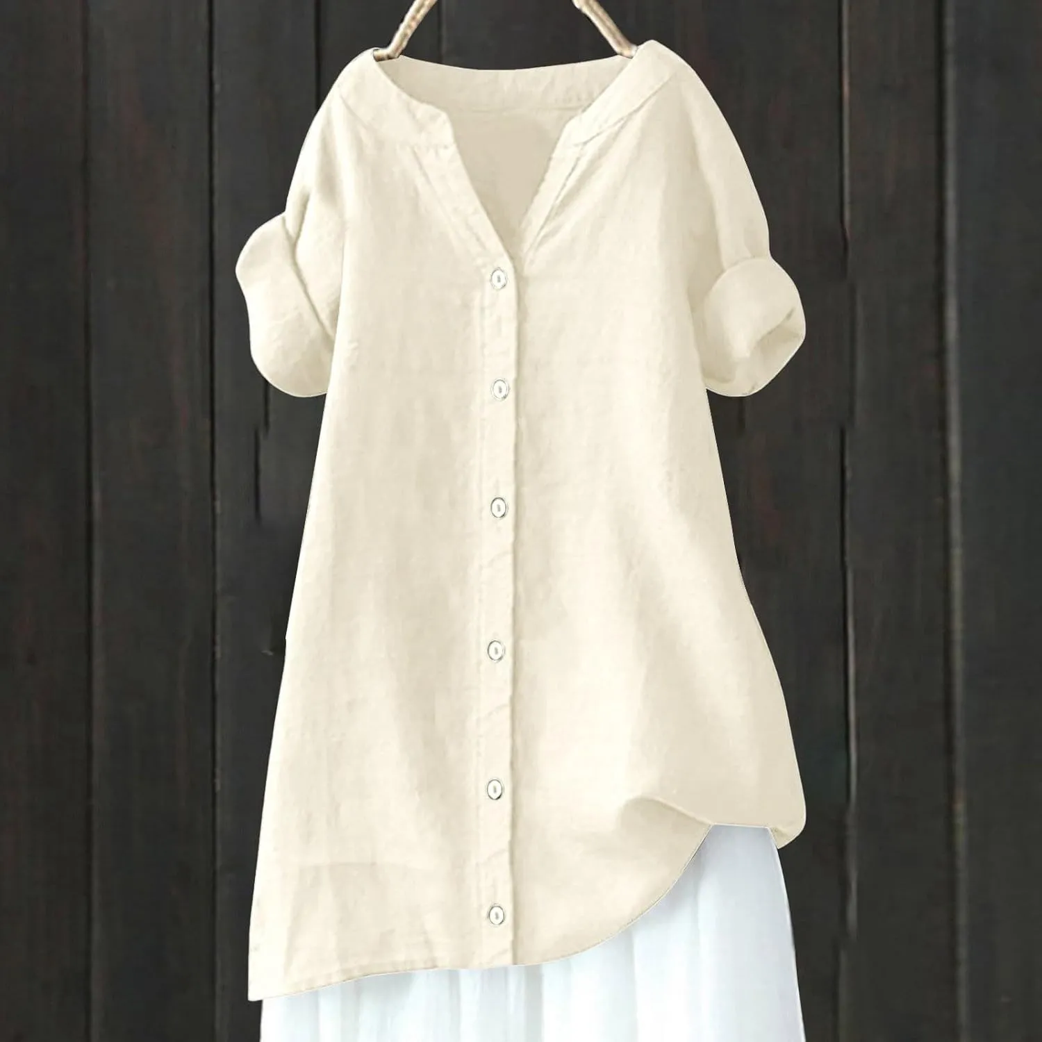 Linen Shirts for Women V-Neck Button Blouse Lapel Beach Tee Tops Long Sleeve Loose T-Shirt