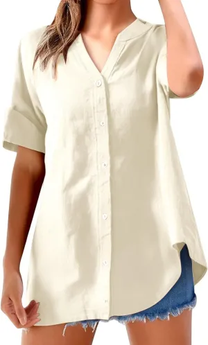 Linen Shirts for Women V-Neck Button Blouse Lapel Beach Tee Tops Long Sleeve Loose T-Shirt