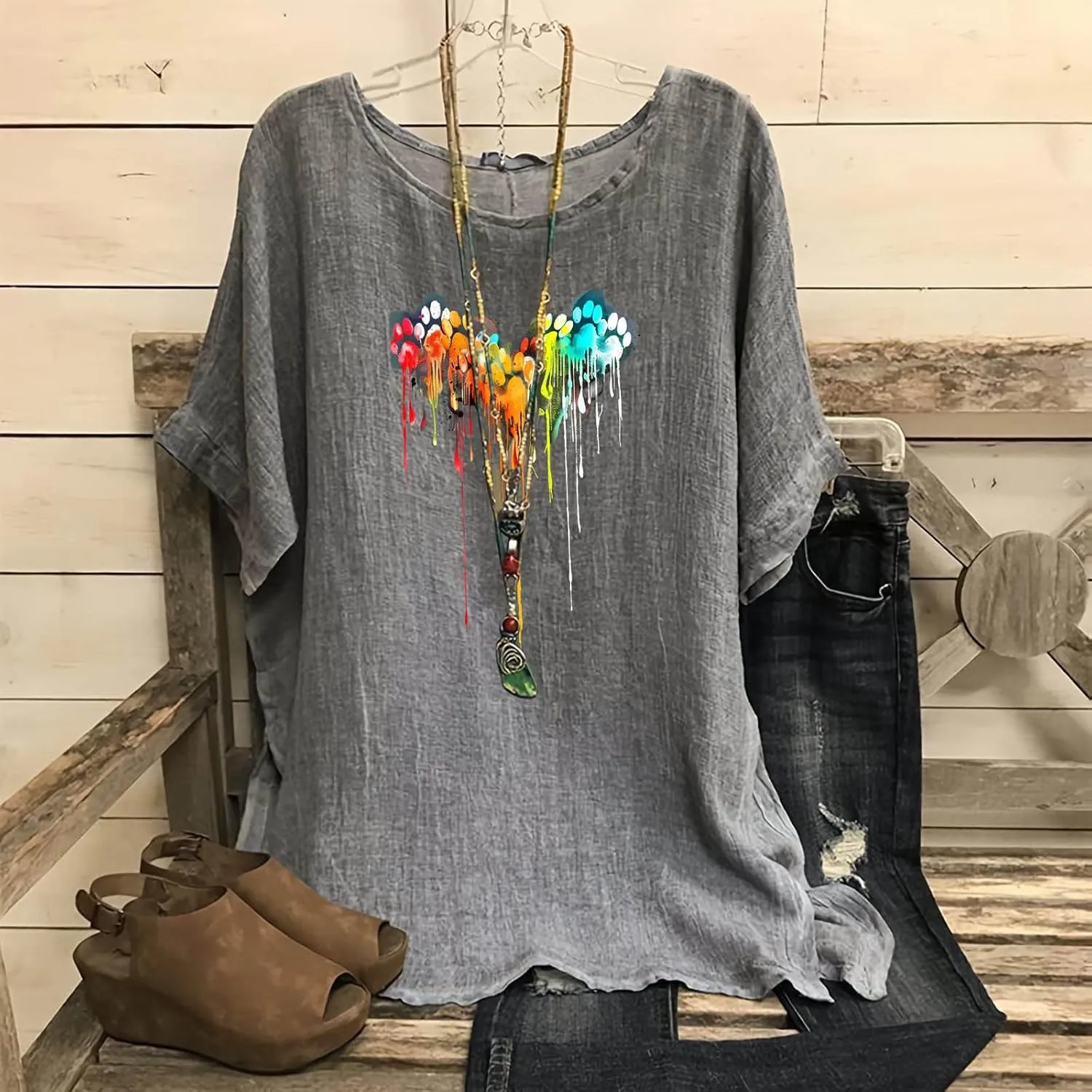 Linen Tops for Women Fashion Printed Tees Casual Crew Neck Raglan Short Sleeve Loose Tops Summer Outfits for Ladies