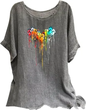 Linen Tops for Women Fashion Printed Tees Casual Crew Neck Raglan Short Sleeve Loose Tops Summer Outfits for Ladies