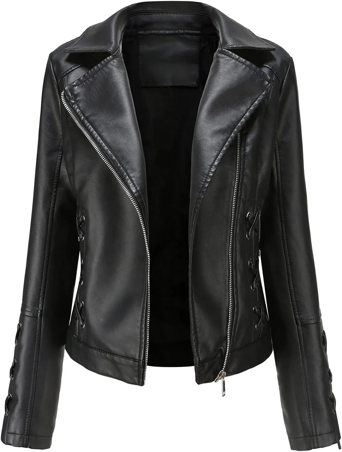 LIUguoo Women Faux Leather Jacket PU Slim Zip up Moto Biker Coat Motorcycle Outwear Casual Long Sleeve Lapel Jacket Tops