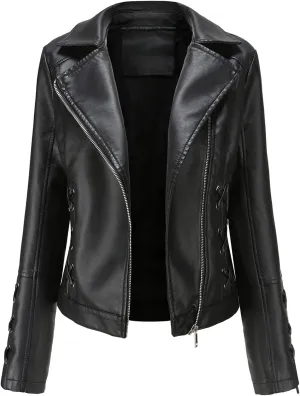 LIUguoo Women Faux Leather Jacket PU Slim Zip up Moto Biker Coat Motorcycle Outwear Casual Long Sleeve Lapel Jacket Tops