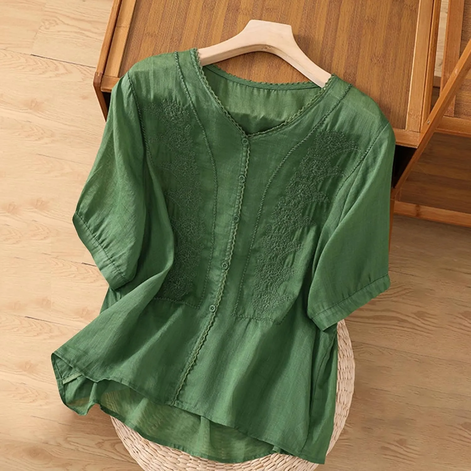 Lmdudan Summer Cotton Linen Embroidered Tops for Women Short Sleeve Button Up Tunic Tees Casual Loose V-Neck Peasant Shirts