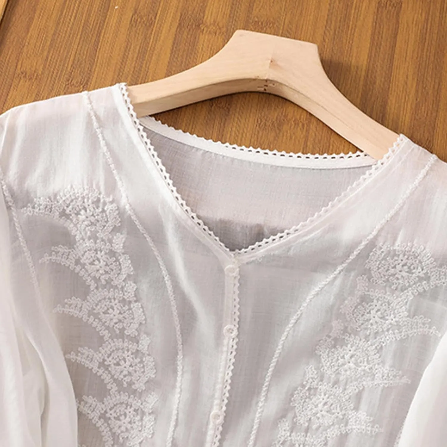 Lmdudan Summer Cotton Linen Embroidered Tops for Women Short Sleeve Button Up Tunic Tees Casual Loose V-Neck Peasant Shirts