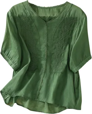 Lmdudan Summer Cotton Linen Embroidered Tops for Women Short Sleeve Button Up Tunic Tees Casual Loose V-Neck Peasant Shirts