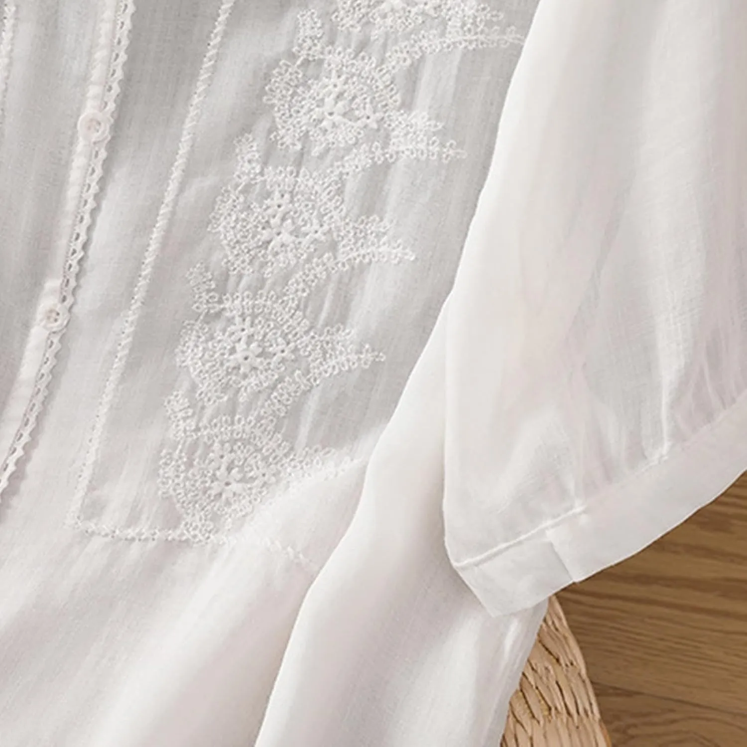 Lmdudan Summer Cotton Linen Embroidered Tops for Women Short Sleeve Button Up Tunic Tees Casual Loose V-Neck Peasant Shirts