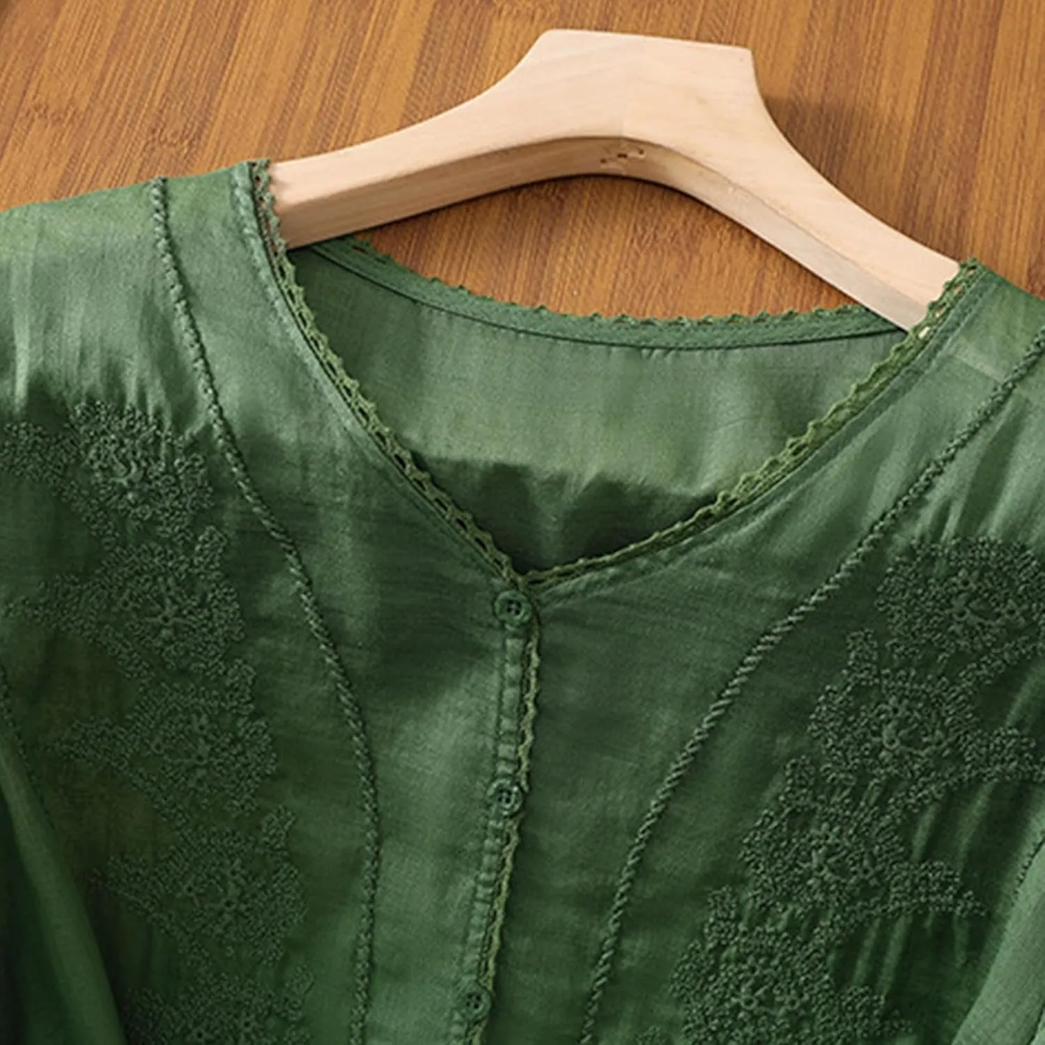 Lmdudan Summer Cotton Linen Embroidered Tops for Women Short Sleeve Button Up Tunic Tees Casual Loose V-Neck Peasant Shirts