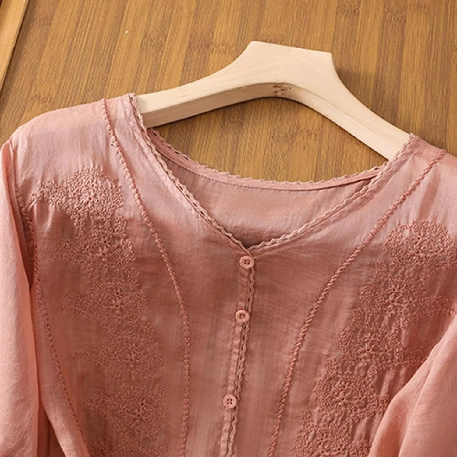 Lmdudan Summer Cotton Linen Embroidered Tops for Women Short Sleeve Button Up Tunic Tees Casual Loose V-Neck Peasant Shirts