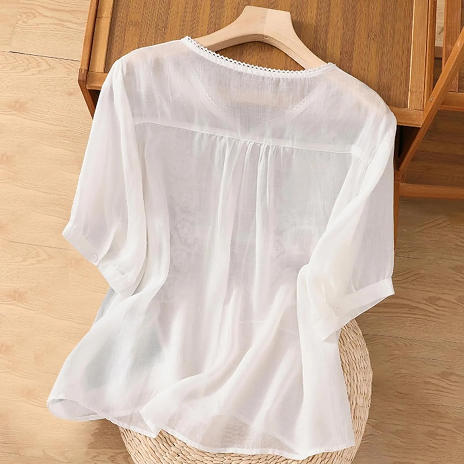 Lmdudan Summer Cotton Linen Embroidered Tops for Women Short Sleeve Button Up Tunic Tees Casual Loose V-Neck Peasant Shirts