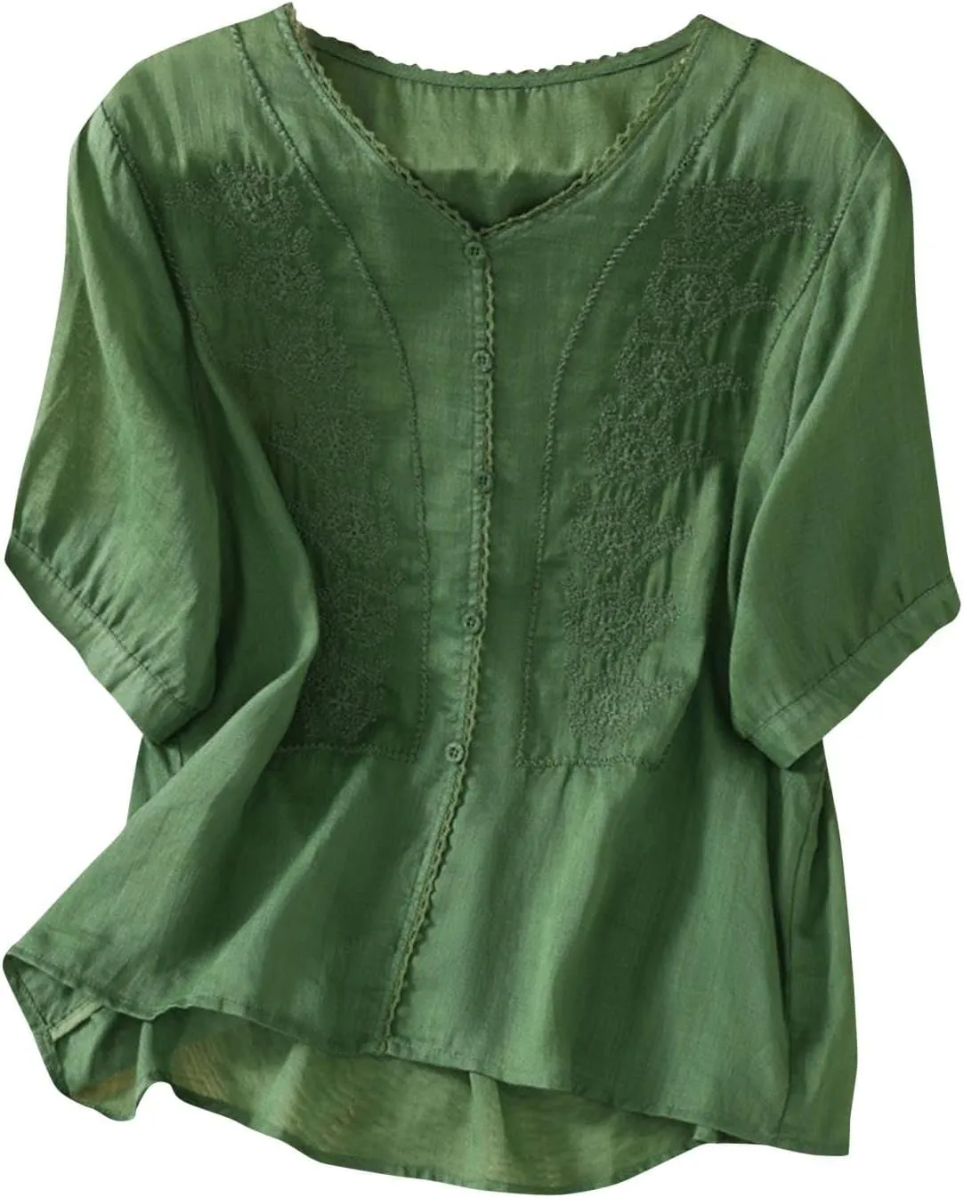 Lmdudan Summer Cotton Linen Embroidered Tops for Women Short Sleeve Button Up Tunic Tees Casual Loose V-Neck Peasant Shirts