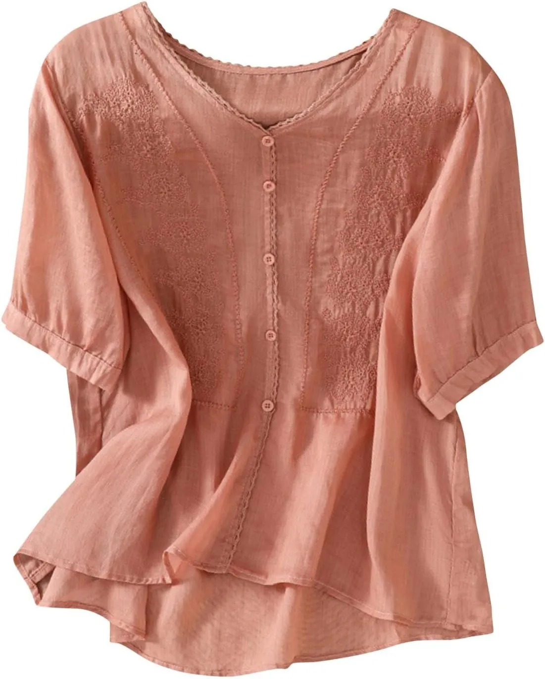 Lmdudan Summer Cotton Linen Embroidered Tops for Women Short Sleeve Button Up Tunic Tees Casual Loose V-Neck Peasant Shirts