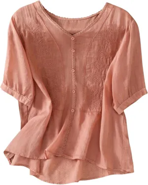 Lmdudan Summer Cotton Linen Embroidered Tops for Women Short Sleeve Button Up Tunic Tees Casual Loose V-Neck Peasant Shirts