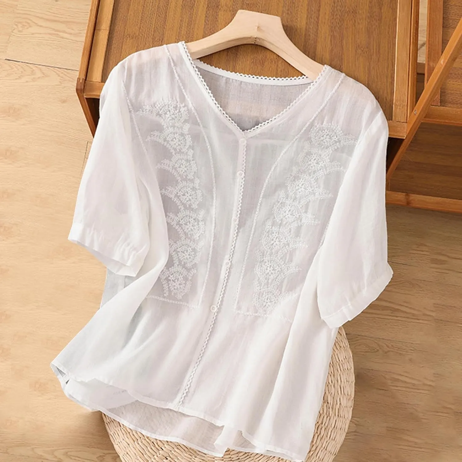 Lmdudan Summer Cotton Linen Embroidered Tops for Women Short Sleeve Button Up Tunic Tees Casual Loose V-Neck Peasant Shirts