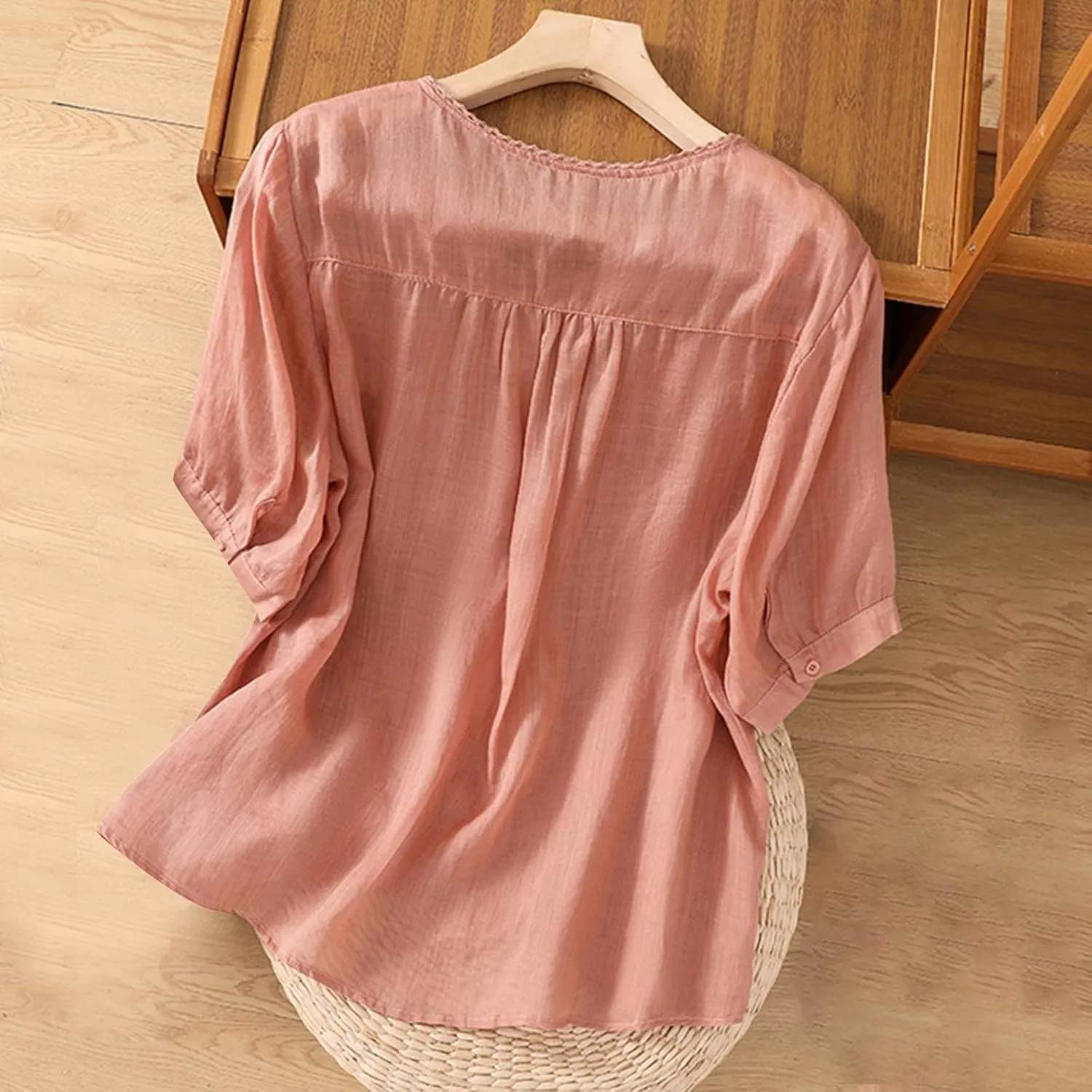 Lmdudan Summer Cotton Linen Embroidered Tops for Women Short Sleeve Button Up Tunic Tees Casual Loose V-Neck Peasant Shirts