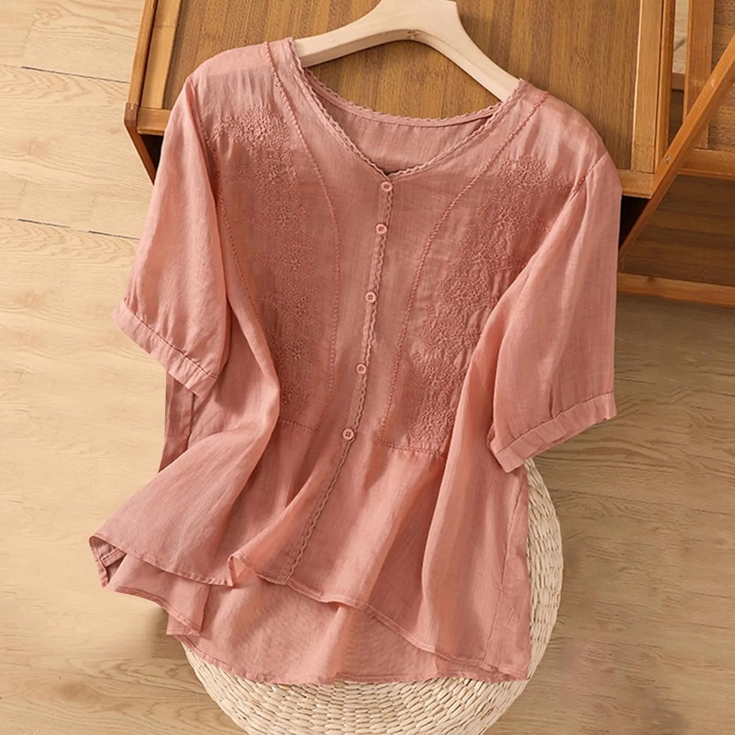Lmdudan Summer Cotton Linen Embroidered Tops for Women Short Sleeve Button Up Tunic Tees Casual Loose V-Neck Peasant Shirts