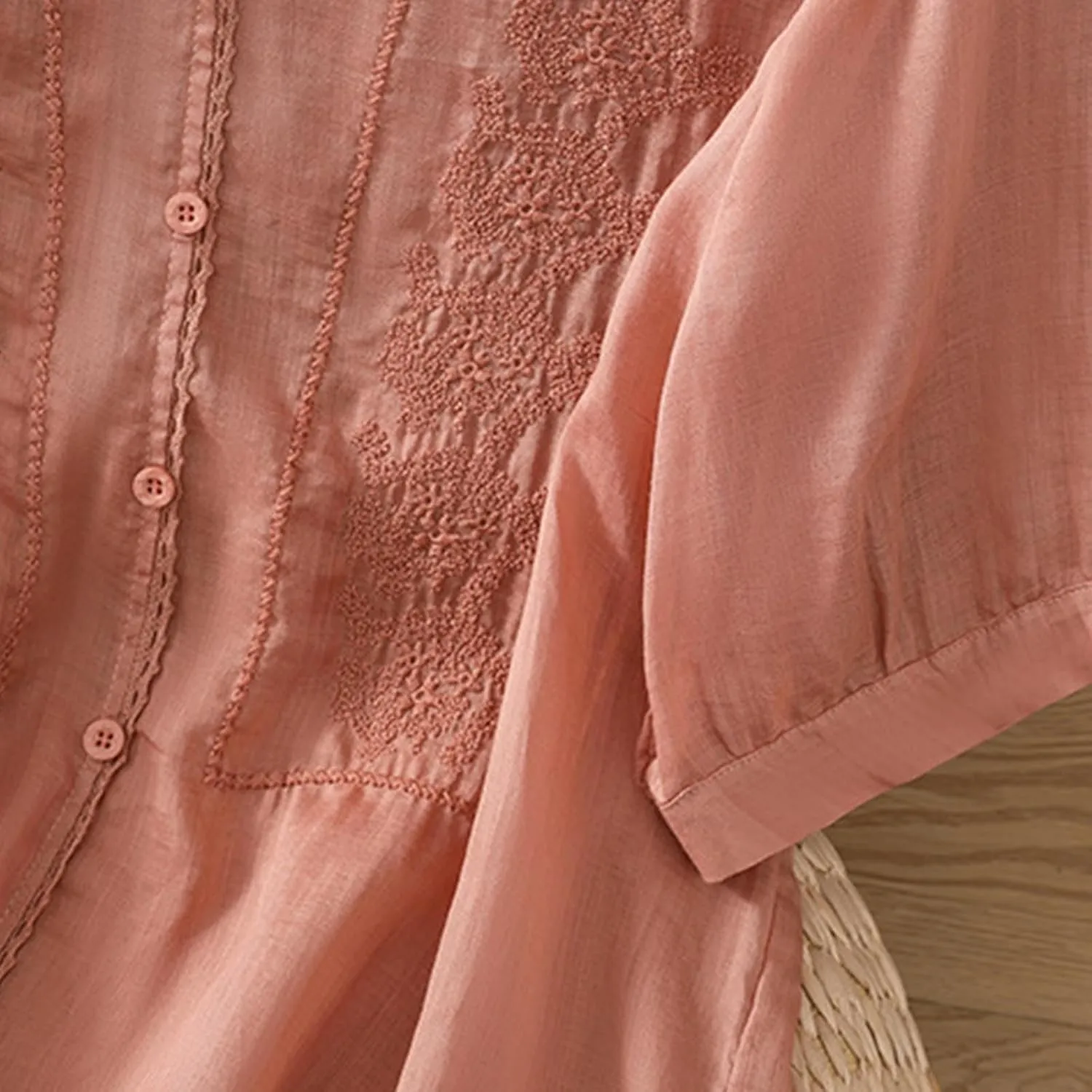 Lmdudan Summer Cotton Linen Embroidered Tops for Women Short Sleeve Button Up Tunic Tees Casual Loose V-Neck Peasant Shirts