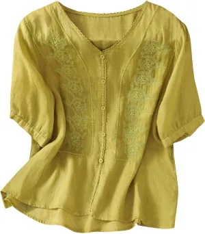 Lmdudan Summer Cotton Linen Embroidered Tops for Women Short Sleeve Button Up Tunic Tees Casual Loose V-Neck Peasant Shirts