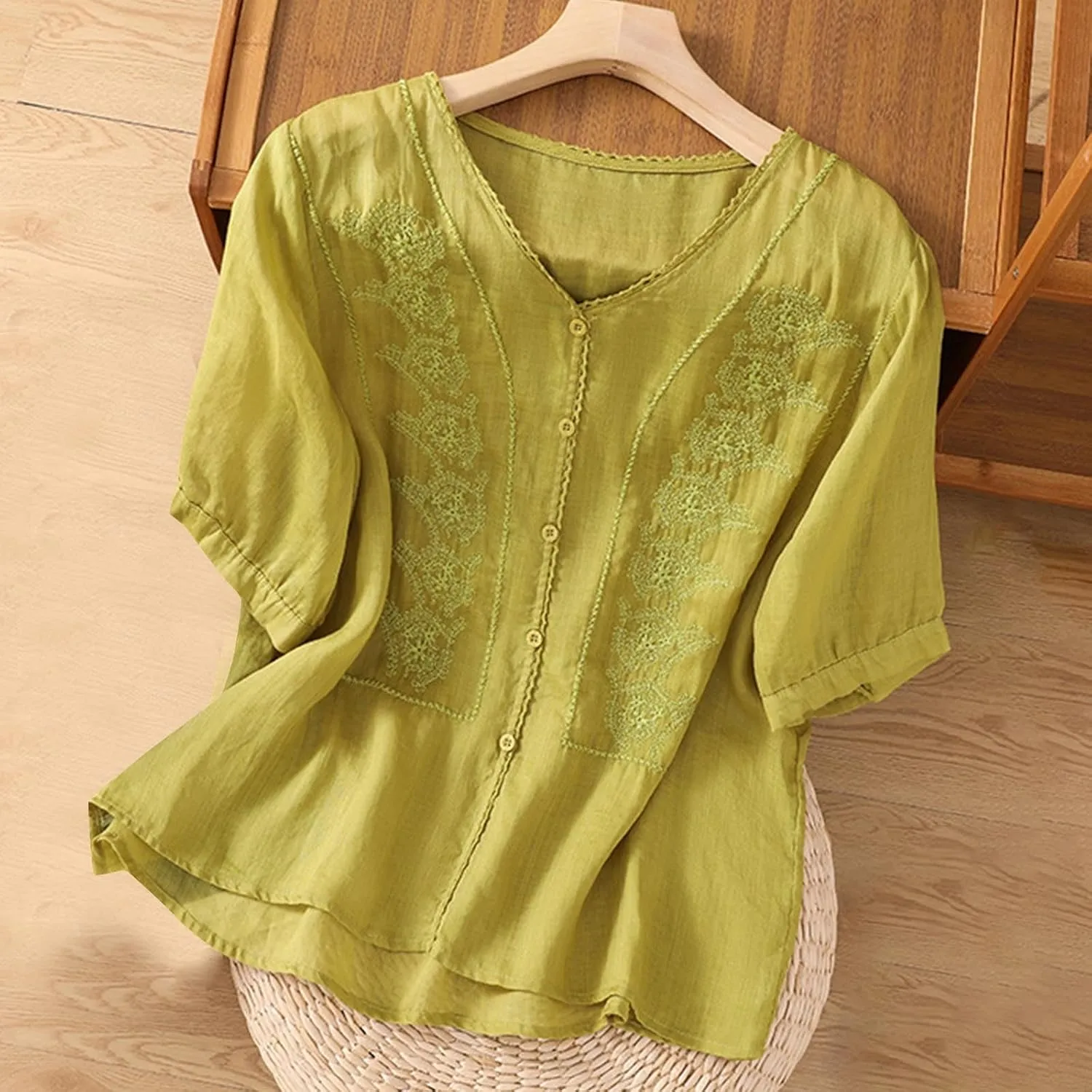 Lmdudan Summer Cotton Linen Embroidered Tops for Women Short Sleeve Button Up Tunic Tees Casual Loose V-Neck Peasant Shirts