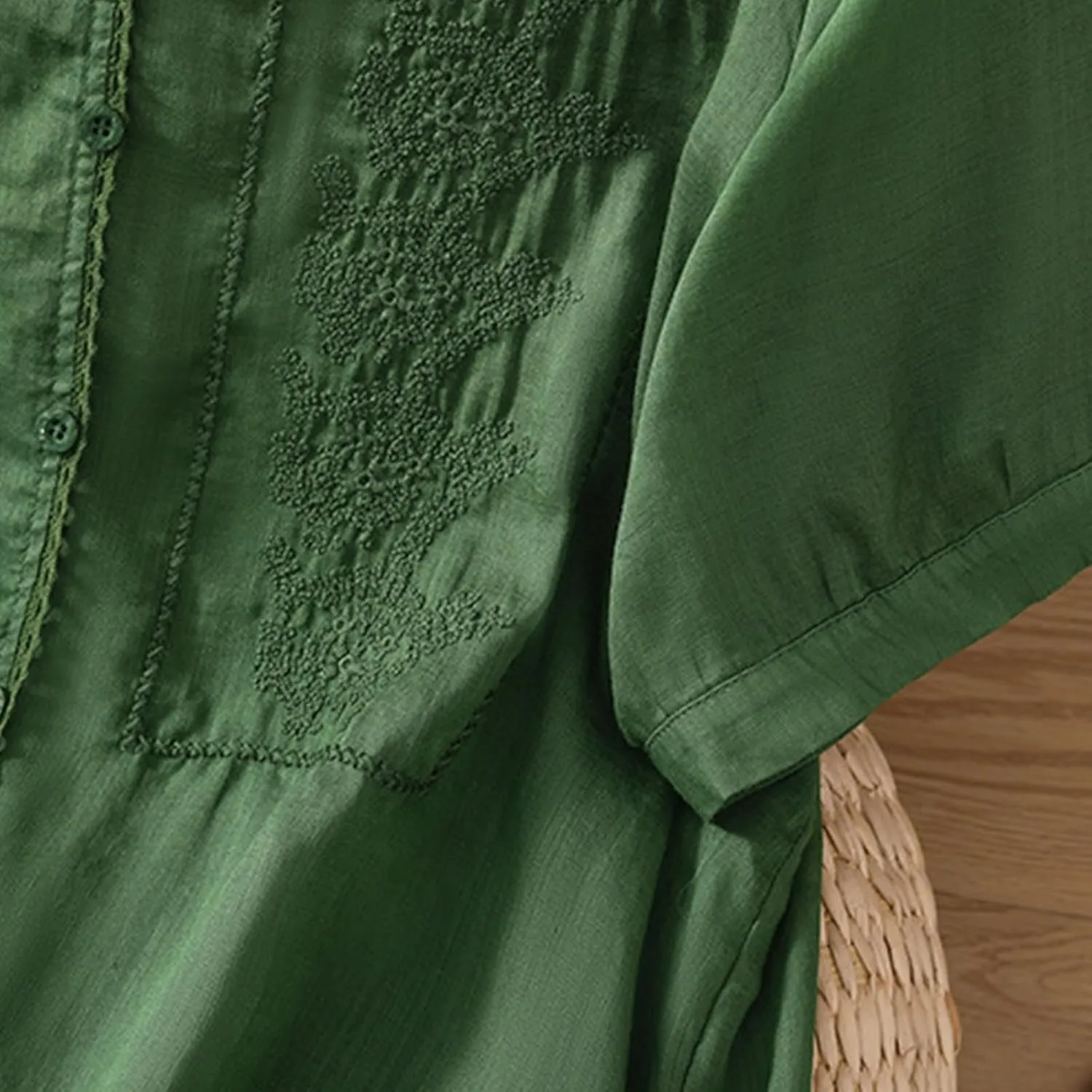 Lmdudan Summer Cotton Linen Embroidered Tops for Women Short Sleeve Button Up Tunic Tees Casual Loose V-Neck Peasant Shirts