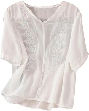 Lmdudan Summer Cotton Linen Embroidered Tops for Women Short Sleeve Button Up Tunic Tees Casual Loose V-Neck Peasant Shirts