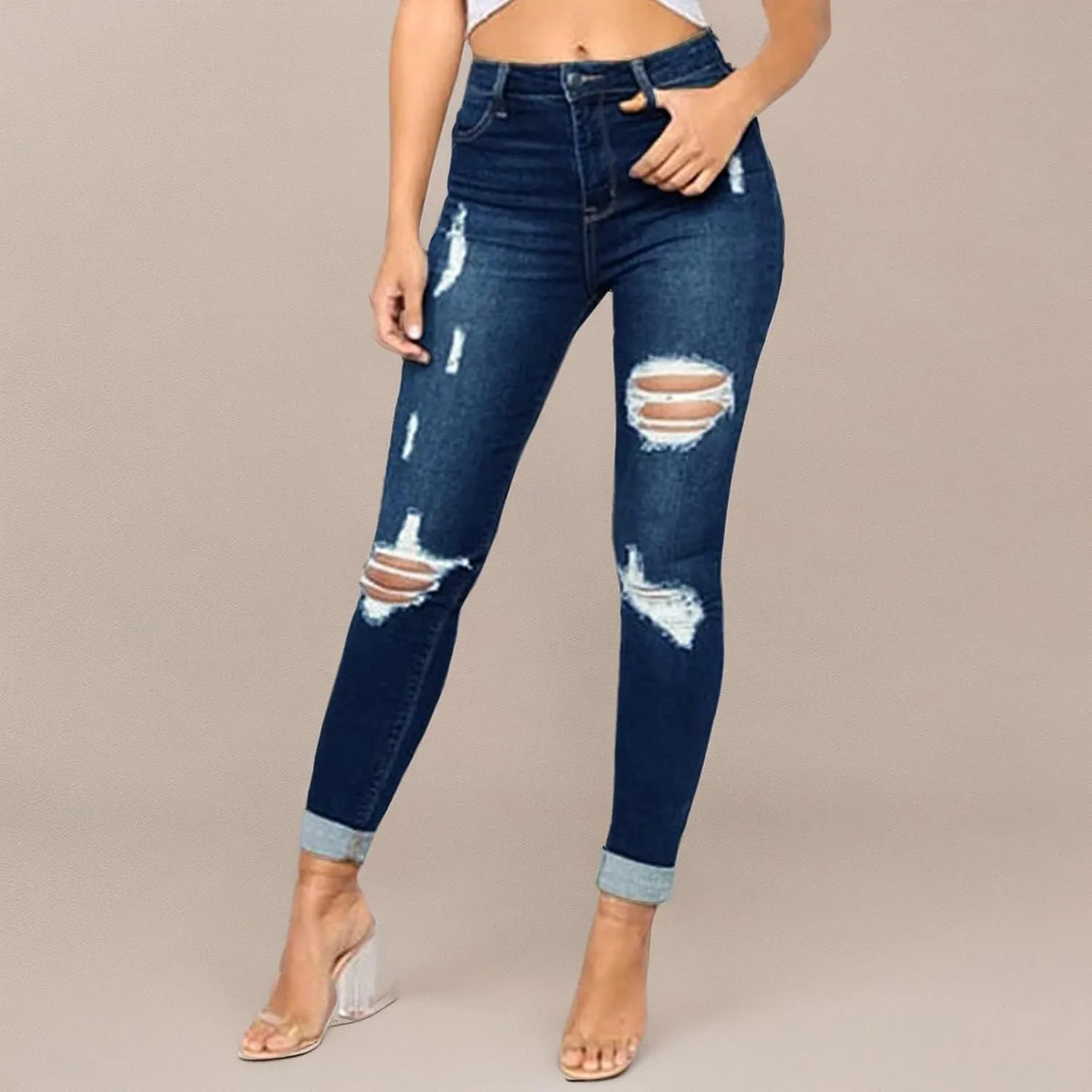 LONGBIDA Women's Ripped Skinny Jeans Hight Waisted Stretch Distressed Denim Pants for Women
