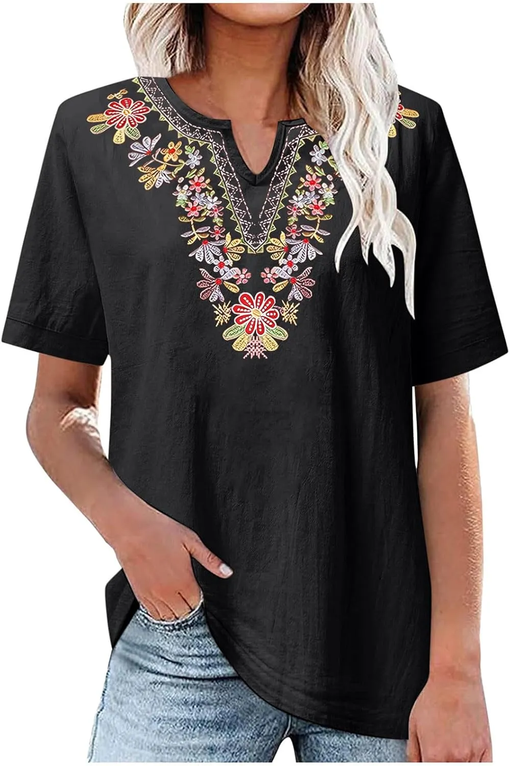 maisdgop Embroidered Tops for Women Casual V-Neck Cotton Linen Shirt Trendy Summer Short Sleeve T-Shirt Pretty Solid Blouse
