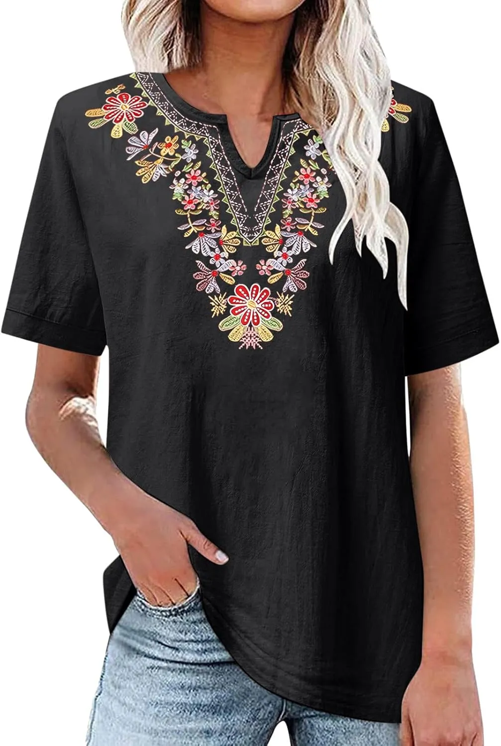 maisdgop Embroidered Tops for Women Casual V-Neck Cotton Linen Shirt Trendy Summer Short Sleeve T-Shirt Pretty Solid Blouse
