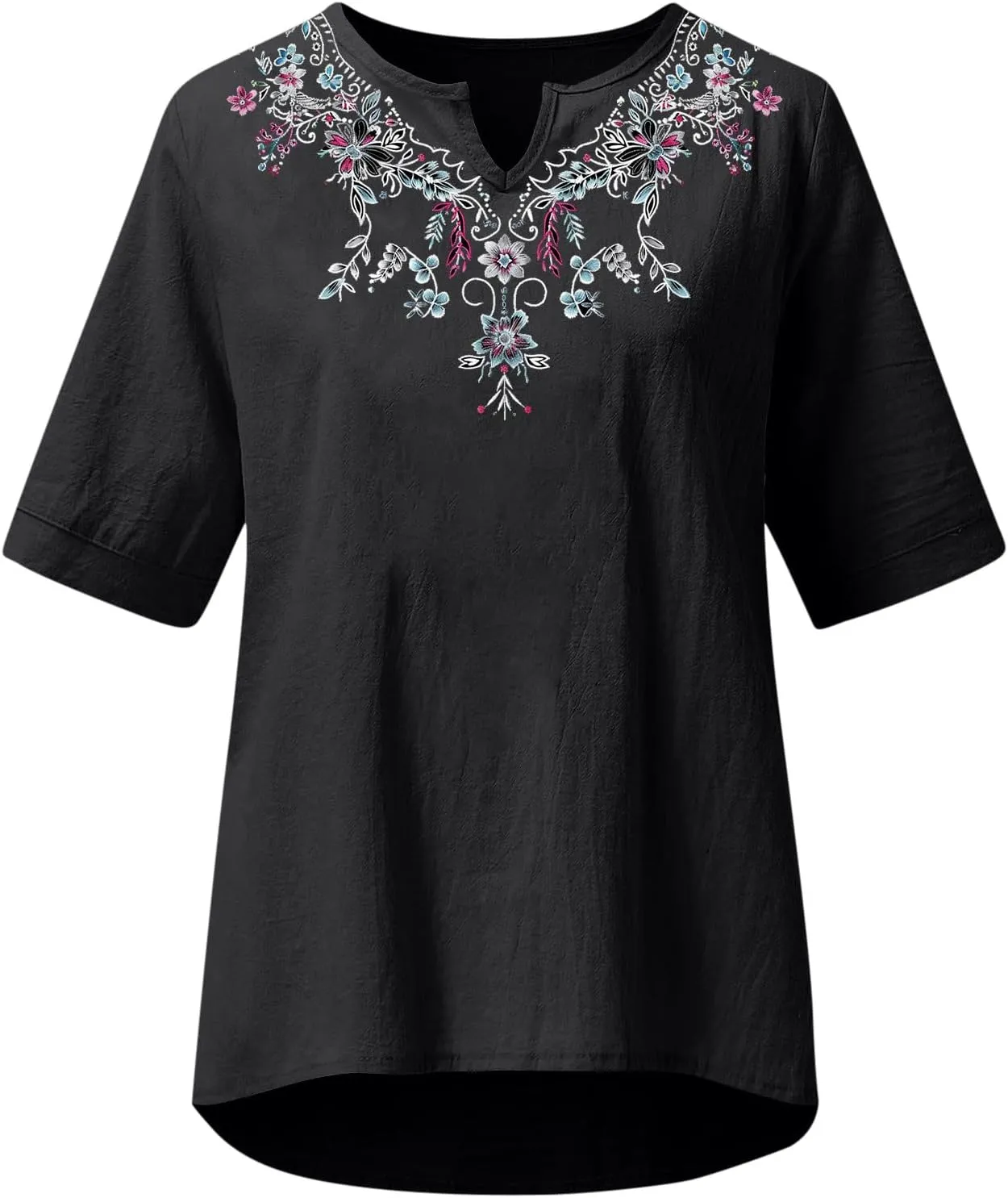maisdgop Embroidered Tops for Women Casual V-Neck Cotton Linen Shirt Trendy Summer Short Sleeve T-Shirt Pretty Solid Blouse
