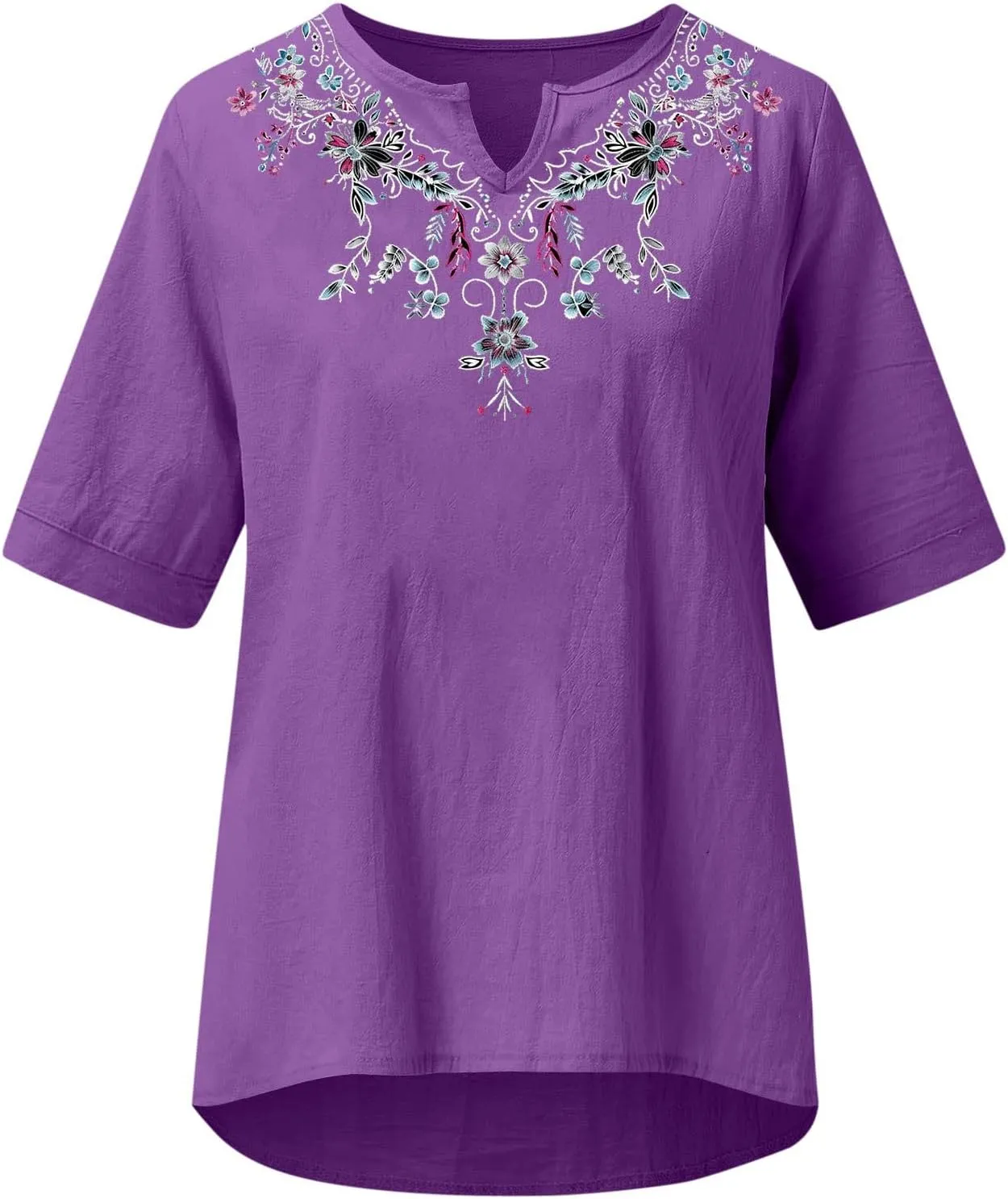 maisdgop Embroidered Tops for Women Casual V-Neck Cotton Linen Shirt Trendy Summer Short Sleeve T-Shirt Pretty Solid Blouse