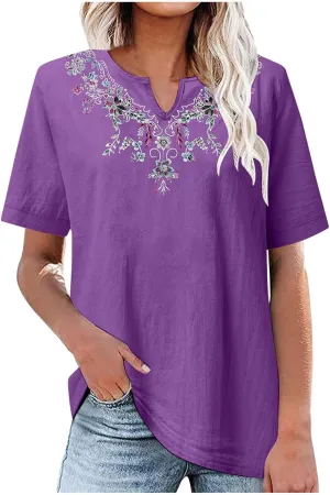 maisdgop Embroidered Tops for Women Casual V-Neck Cotton Linen Shirt Trendy Summer Short Sleeve T-Shirt Pretty Solid Blouse