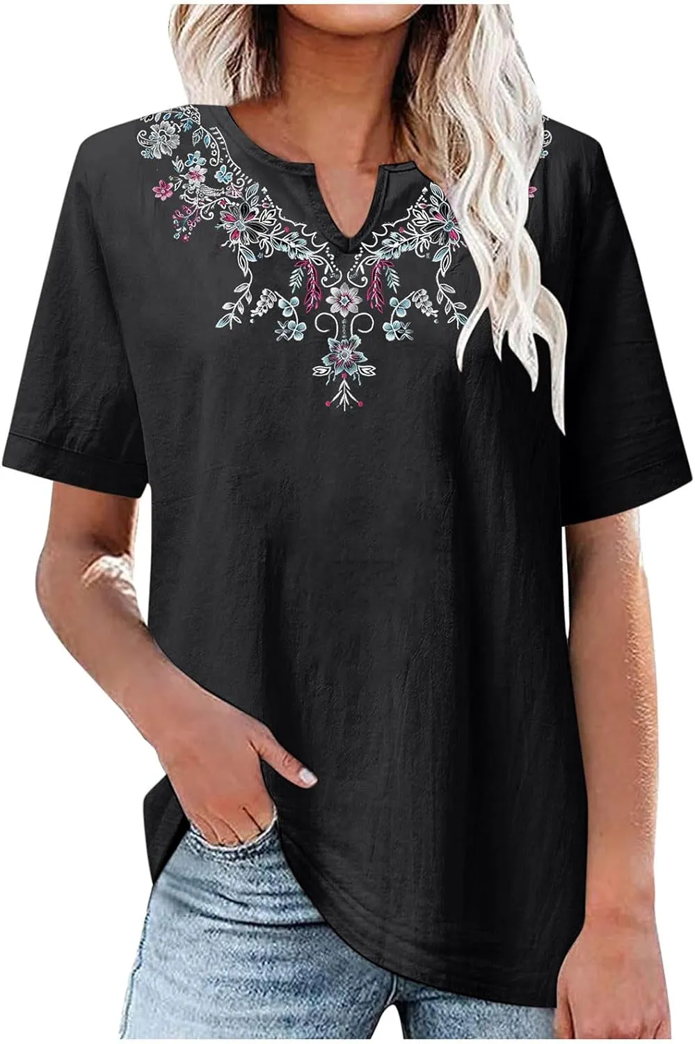 maisdgop Embroidered Tops for Women Casual V-Neck Cotton Linen Shirt Trendy Summer Short Sleeve T-Shirt Pretty Solid Blouse