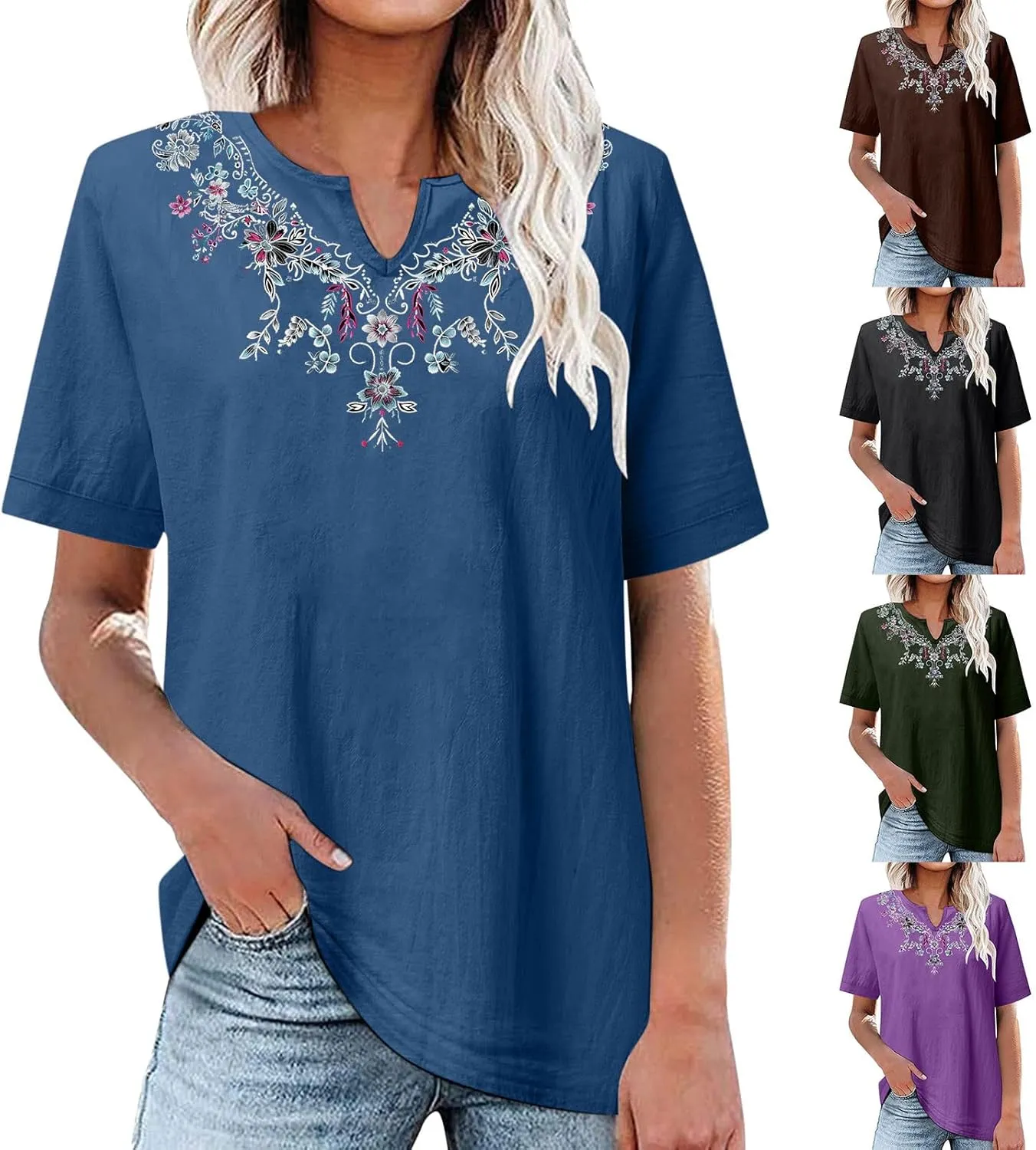 maisdgop Embroidered Tops for Women Casual V-Neck Cotton Linen Shirt Trendy Summer Short Sleeve T-Shirt Pretty Solid Blouse
