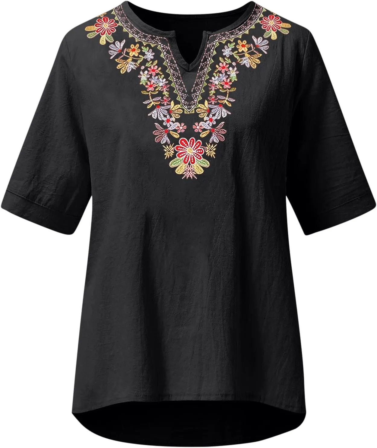 maisdgop Embroidered Tops for Women Casual V-Neck Cotton Linen Shirt Trendy Summer Short Sleeve T-Shirt Pretty Solid Blouse