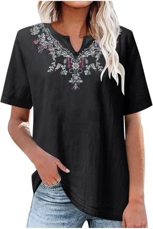 maisdgop Embroidered Tops for Women Casual V-Neck Cotton Linen Shirt Trendy Summer Short Sleeve T-Shirt Pretty Solid Blouse